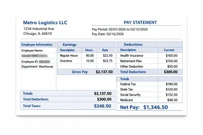Sample paystub document generated by StubzPro