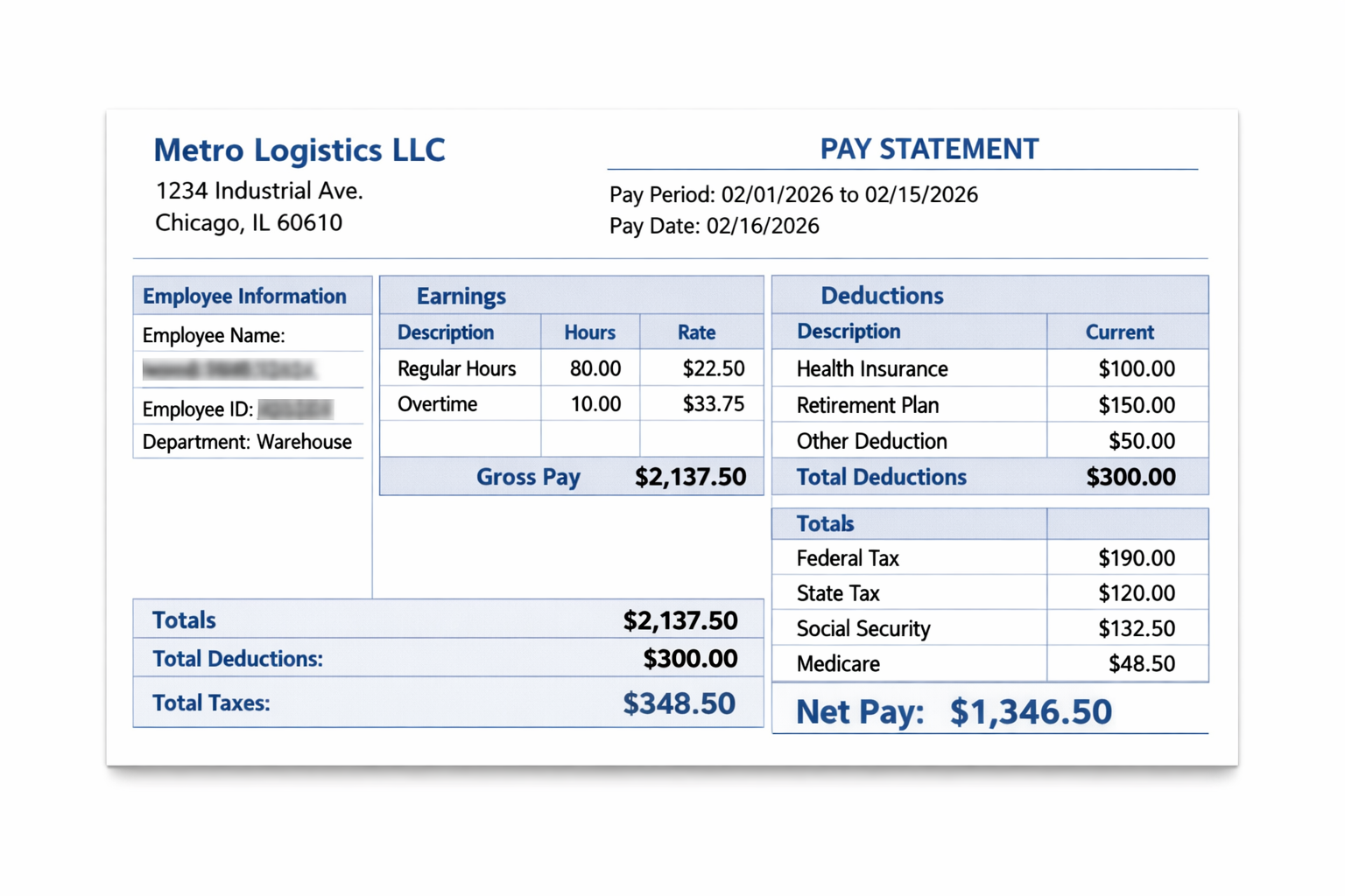 Sample paystub document generated by StubzPro
